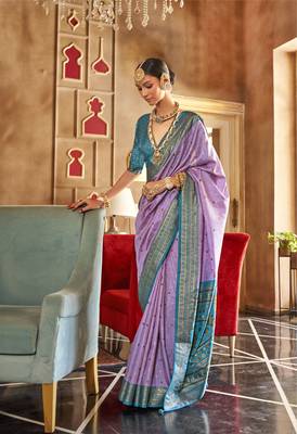 Lavender silk blend Blend Patola Saree With Unstitched Blouse Piece 1