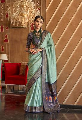 Mint silk blend Blend Patola Saree With Unstitched Blouse Piece 1