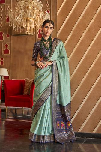 Mint silk blend Blend Patola Saree With Unstitched Blouse Piece