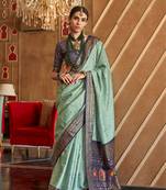 Mint silk blend Blend Patola Saree With Unstitched Blouse Piece
