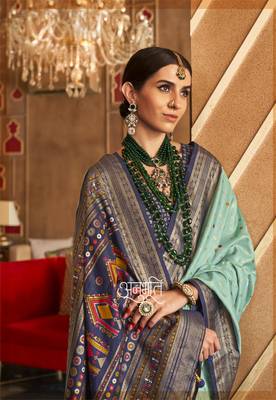 Mint silk blend Blend Patola Saree With Unstitched Blouse Piece 2