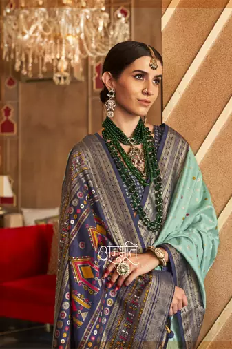 Mint silk blend Blend Patola Saree With Unstitched Blouse Piece