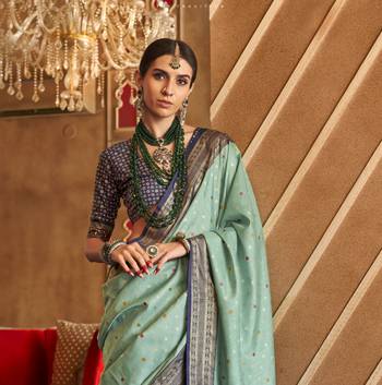 Mint silk blend Blend Patola Saree With Unstitched Blouse Piece 3