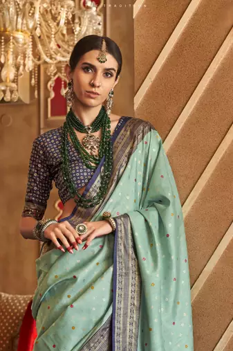 Mint silk blend Blend Patola Saree With Unstitched Blouse Piece