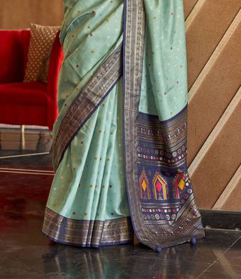 Mint silk blend Blend Patola Saree With Unstitched Blouse Piece 4