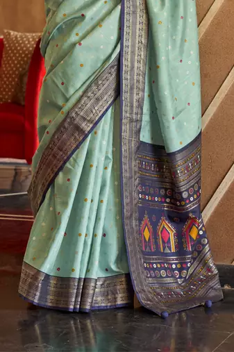 Mint silk blend Blend Patola Saree With Unstitched Blouse Piece