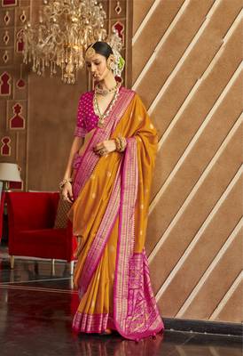 Mustard silk blend Blend Patola Saree With Unstitched Blouse Piece 1