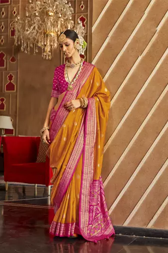 Mustard silk blend Blend Patola Saree With Unstitched Blouse Piece