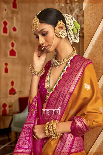 Mustard silk blend Blend Patola Saree With Unstitched Blouse Piece