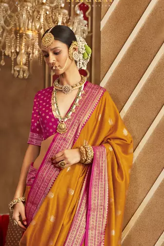 Mustard silk blend Blend Patola Saree With Unstitched Blouse Piece