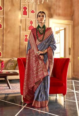 Grey silk blend Blend Patola Saree With Unstitched Blouse Piece 1