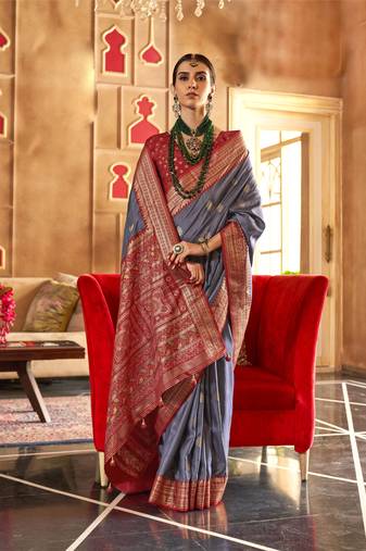 Grey silk blend Blend Patola Saree With Unstitched Blouse Piece
