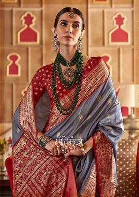 Grey silk blend Blend Patola Saree With Unstitched Blouse Piece 2
