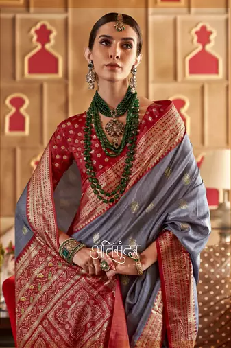 Grey silk blend Blend Patola Saree With Unstitched Blouse Piece
