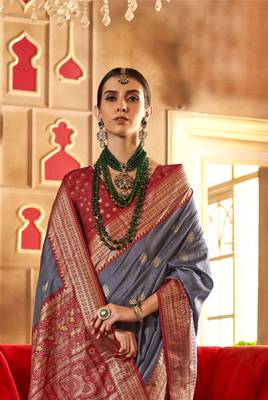 Grey silk blend Blend Patola Saree With Unstitched Blouse Piece 3