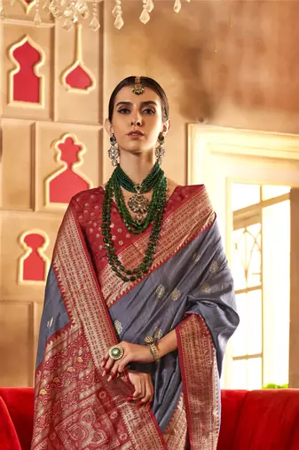 Grey silk blend Blend Patola Saree With Unstitched Blouse Piece