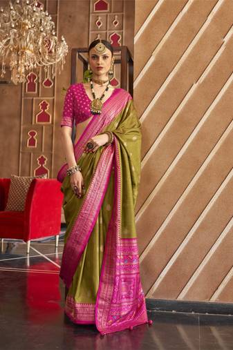 Mehndi silk blend Blend Patola Saree With Unstitched Blouse Piece