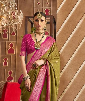 Mehndi silk blend Blend Patola Saree With Unstitched Blouse Piece 3