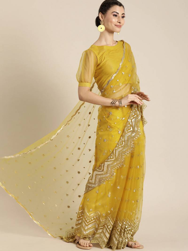 Designer With Golden Embroidered Sequin Work Partywear Yellow Colour Saree