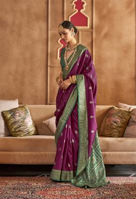 Purple silk blend Blend Patola Saree With Unstitched Blouse Piece 1