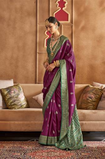 Purple silk blend Blend Patola Saree With Unstitched Blouse Piece