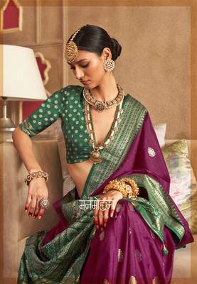 Purple silk blend Blend Patola Saree With Unstitched Blouse Piece 2