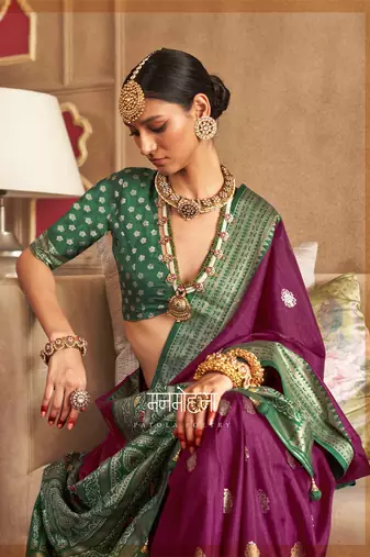 Purple silk blend Blend Patola Saree With Unstitched Blouse Piece
