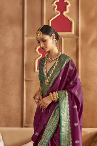 Purple silk blend Blend Patola Saree With Unstitched Blouse Piece