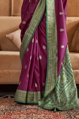 Purple silk blend Blend Patola Saree With Unstitched Blouse Piece