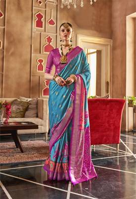 Sky Blue silk blend Blend Patola Saree With Unstitched Blouse Piece 1