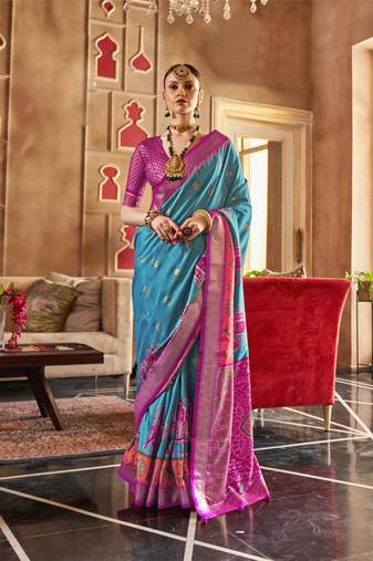 Sky Blue silk blend Blend Patola Saree With Unstitched Blouse Piece