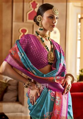 Sky Blue silk blend Blend Patola Saree With Unstitched Blouse Piece 2