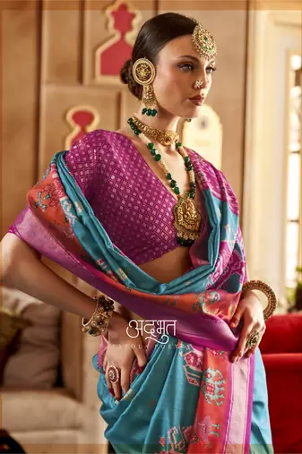 Sky Blue silk blend Blend Patola Saree With Unstitched Blouse Piece