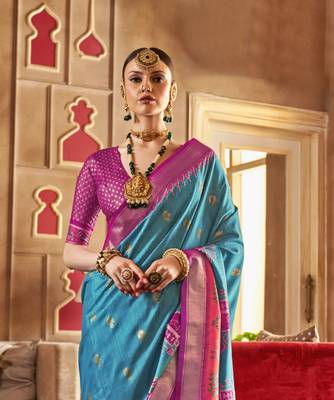Sky Blue silk blend Blend Patola Saree With Unstitched Blouse Piece 3