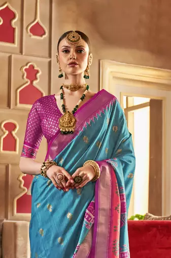 Sky Blue silk blend Blend Patola Saree With Unstitched Blouse Piece