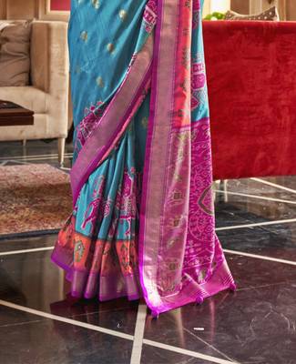 Sky Blue silk blend Blend Patola Saree With Unstitched Blouse Piece 4