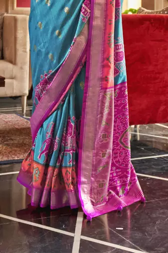 Sky Blue silk blend Blend Patola Saree With Unstitched Blouse Piece