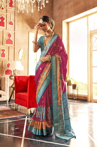 Rani silk blend Blend Patola Saree With Unstitched Blouse Piece