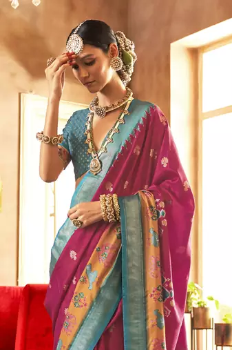 Rani silk blend Blend Patola Saree With Unstitched Blouse Piece