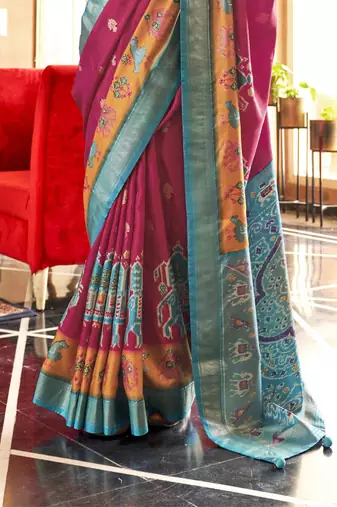 Rani silk blend Blend Patola Saree With Unstitched Blouse Piece