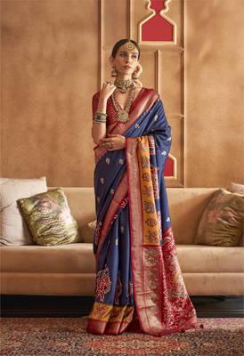 Navy Blue silk blend Blend Patola Saree With Unstitched Blouse Piece 1