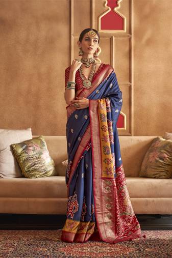 Navy Blue silk blend Blend Patola Saree With Unstitched Blouse Piece