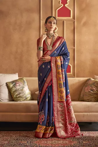 Navy Blue silk blend Blend Patola Saree With Unstitched Blouse Piece