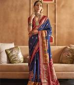 Navy Blue silk blend Blend Patola Saree With Unstitched Blouse Piece