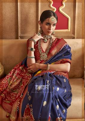 Navy Blue silk blend Blend Patola Saree With Unstitched Blouse Piece 2