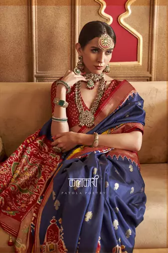 Navy Blue silk blend Blend Patola Saree With Unstitched Blouse Piece