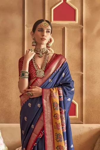 Navy Blue silk blend Blend Patola Saree With Unstitched Blouse Piece