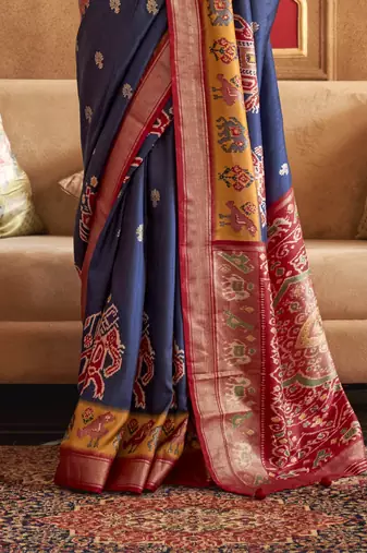 Navy Blue silk blend Blend Patola Saree With Unstitched Blouse Piece