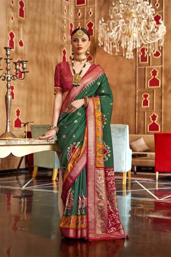 Green silk blend Blend Patola Saree With Unstitched Blouse Piece