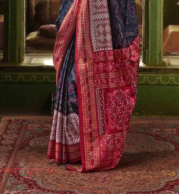 Navy Blue silk blend Blend Woven Saree With Unstitched Blouse Piece 4
